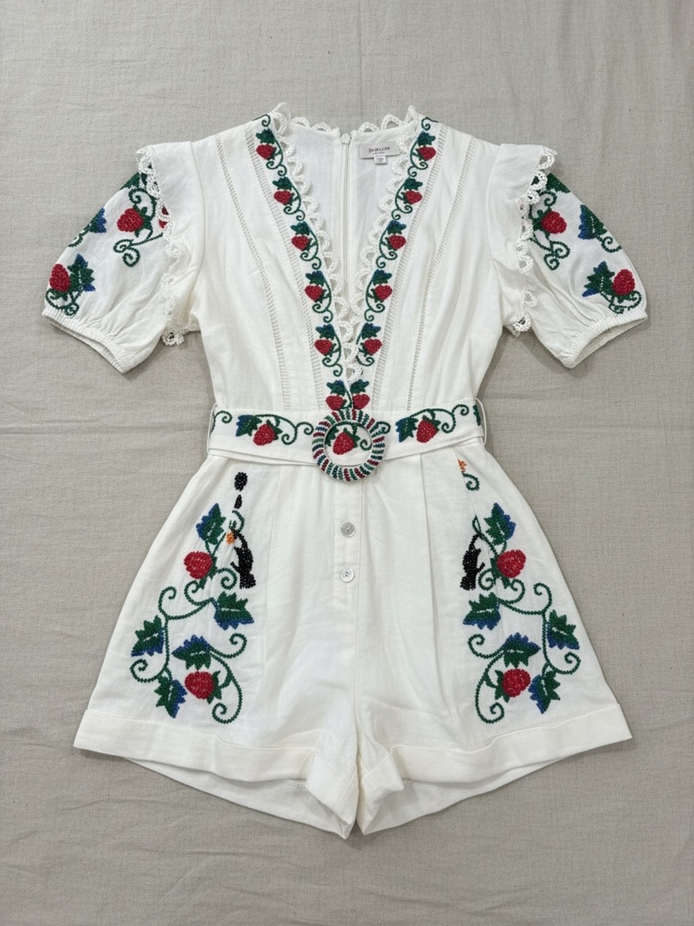 FARM Rio Embroidered Linen Romper Off White Fruit Floral Belted S